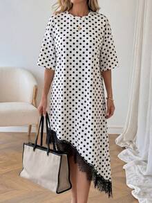 LUNE Vestido de talla media de manga corta con bajo asimétrico, de uso diario, de vacaciones y casual, de unicolor con parches de encaje, de moda básica para mujeres - Blanco y Negro 2 - Ver 2