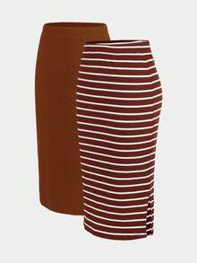 SHEIN LUNE 大码女式弹力腰直筒休闲多件装中长裙夏季女装度假装 - 彩色 - 查看 8