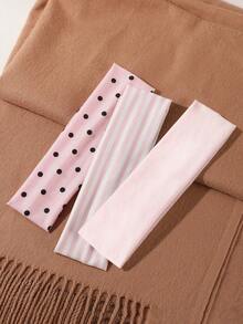ROMWE Kawaii 3Pcs Elegant Pink Series Solid Color Striped Polka Dot Combination Women's Headband, Suitable For Women's Hair Accessories For Sports Commuting - Pink white - View 2