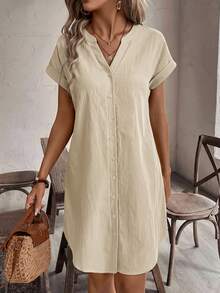 SHEIN Tall CURVE Plus Size Women Summer Casual Solid Color Single-Breasted Dress - Beige - View 3