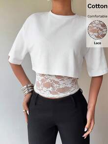 Siren Gaze 2-In-1 Design Women Lace Patchwork Short Sleeve T-Shirt, Y2K Style Summer Casual Top,Summer Top - White - View 4