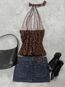 Glimmora 女士豹纹极简日常穿搭露背吊带背心 - 棕色 - 查看 2