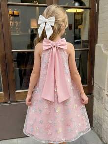 Girls' Elegant Bowknot Colorful Beaded Mesh Sleeveless Party Dress,Pink Summer Flower Girl Dress For Party,Gathering,Outing,Traditional Arabic Style - Multicolor - View 2