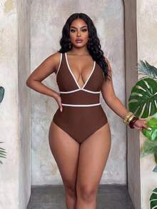 SHEIN Swim Curve 2026 Spring/Summer Plus Size One-Piece Swimsuit, Shiny Fabric, Deep V-Neck, Contrast Trim, Waist Contrast Stripe, Sexy Beach Vacation Swimwear - Coffee Brown - View 1