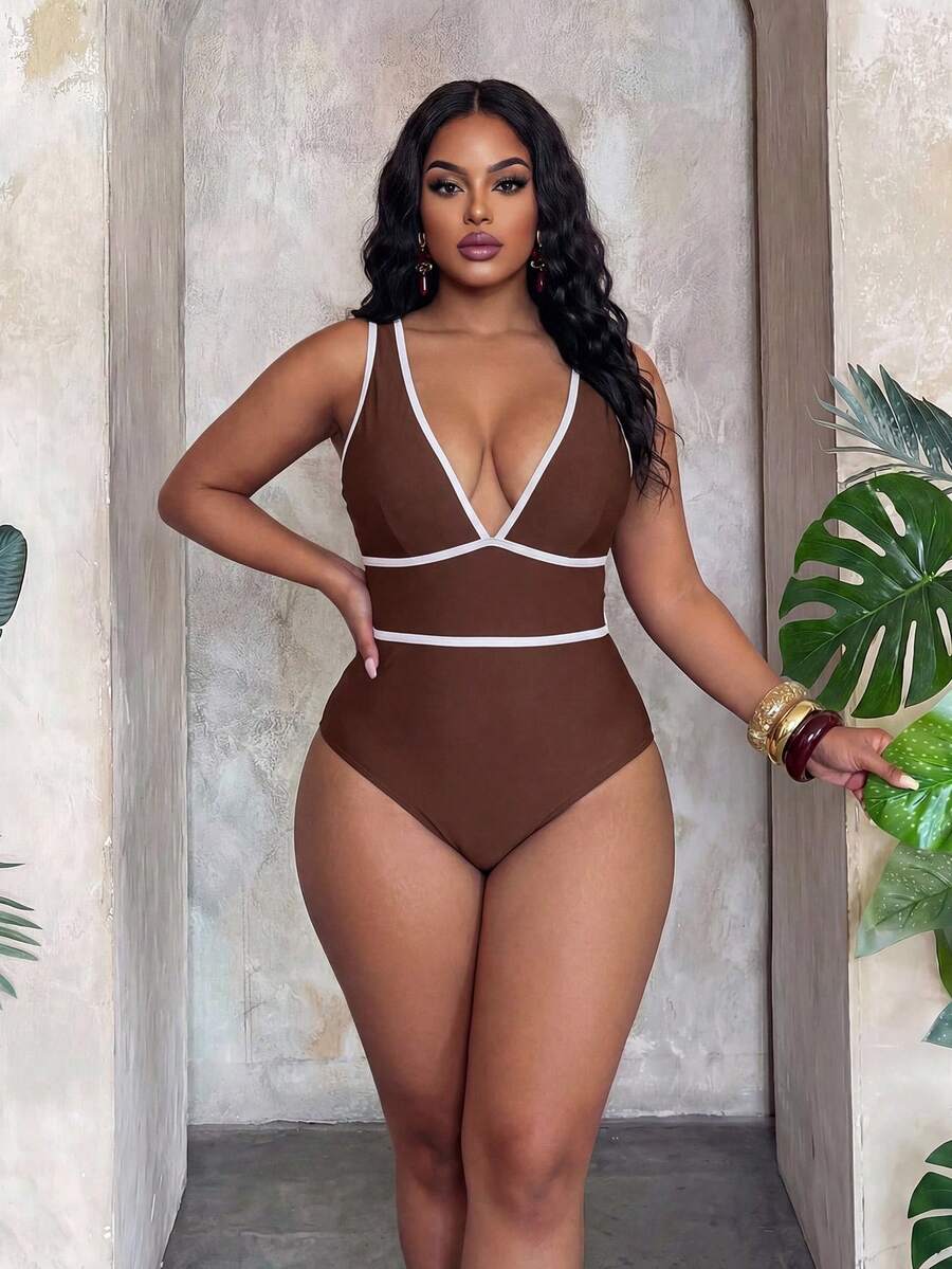 SHEIN Swim Curve 2026 Spring/Summer Plus Size One-Piece Swimsuit, Shiny Fabric, Deep V-Neck, Contrast Trim, Waist Contrast Stripe, Sexy Beach Vacation Swimwear - Coffee Brown - View 1