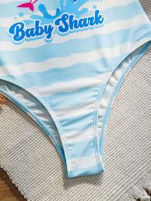 BABY SHARK X SHEIN Randig baddräkt med tecknat tryck för kvinnor - Blå - Visa 6