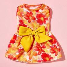 PETSIN 1pc Colorful Small Flowers And Red And Yellow Chrysanthemums With Bow Print Pet Dress, Gentle And Breathable Summer Vacation Style Sleeveless Pet Clothing - Multicolor - View 22