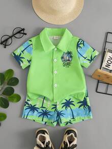SHEIN Playful Pals 2件套幼儿男童度假绿色热带植物图案短袖衬衫+松紧腰短裤套装，童装。幼儿服装，幼儿衬衫，幼儿短裤，婴儿套装，6个月-3岁 - 彩色 - 查看 2