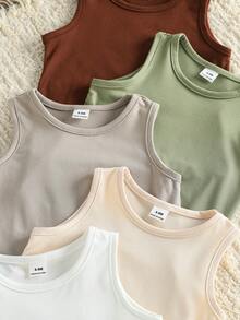 SHEIN Vintaside Kids 10件套男女宝宝夏季套装，黑色、白色、灰色、蓝色、灰绿色纯色圆领背心上衣搭配宽松短裤，简约休闲风格，适合幼儿/婴儿，男女通用 - 彩色 - 查看 6