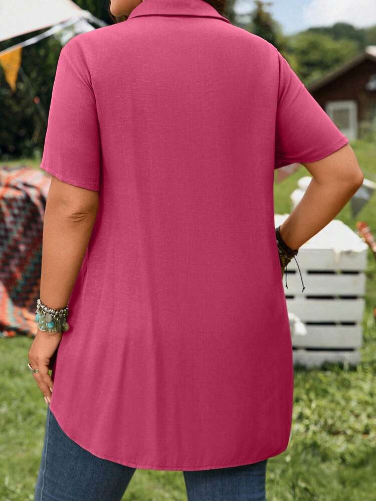 Short Sleeve Blue Button-Up Shirt, Casual Vacation Shirt With Longer Back, Plus Size, Suitable For Spring & Summer