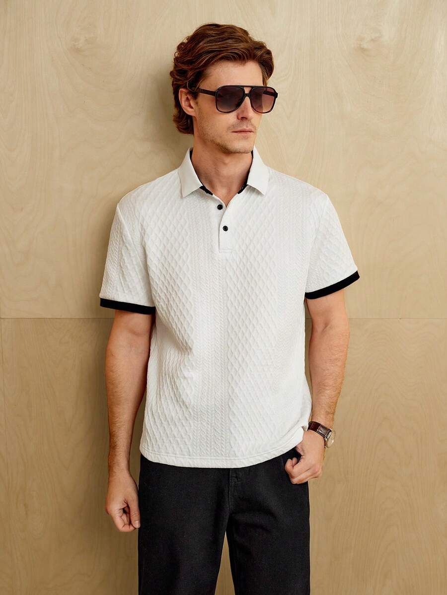 Manfinity Homme 男士休闲通勤短袖麻花图案 Polo 衫 - 白色 - 查看 1