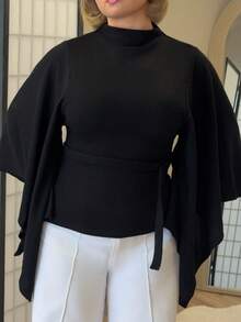 Bethéva Women's Solid Color Turtleneck Flare Sleeve Casual Top,Black Top - Black - View 3
