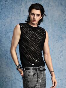 ROMWE MEN Áo vest nam cổ tròn đính sequin khoét lỗ - màu đen - Xem 4