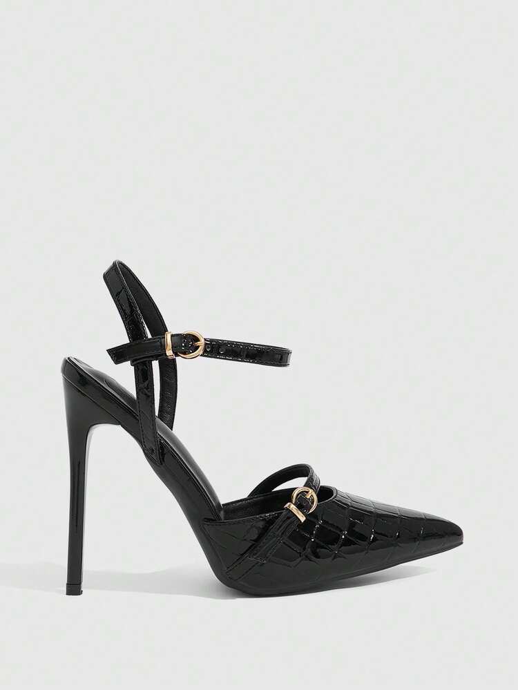 CUCCOO SZL Women Shoes Pointed Black Embossed Glossy Ankle Strap Temperament Elegant Fashion Sexy Stiletto Shoes Suitable For Parties, Parties, Banquets,