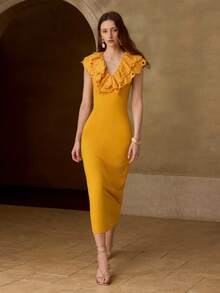 MOTF PREMIUM WOMEN'S EMBROIDERED COLLAR MID-LENGTH KNIT DRESS, SPRING/SUMMER GOLF PASTAL SEXY - Pale Yellow - View 2