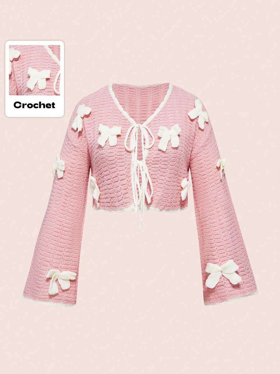ROMWE Áo khoác cardigan dệt kim màu hồng cỡ lớn, kiểu dáng lãng mạn Kawaii dễ thương, tay loe, viền bèo nhún, có nơ, dành cho nữ, áo khoác ngoài tay dài thanh lịch cho mùa thu/đông. - Hồng - Xem 1