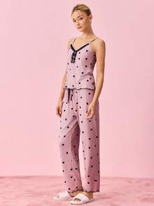 Bonmuse Bộ đồ PJ PJ / Bộ Pajama in hình trái tim tương phản - Bụi hồng - Xem 5