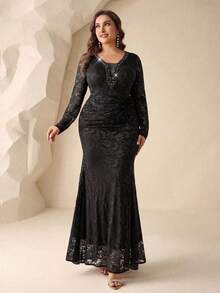 Coutiva Plus Size Elegant Beaded Fitted Evening Dress - Black - View 4