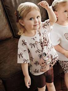 Cozy Pixies Baby Girl Cartoon Pattern Knit Soft Round Neck Short Sleeve Top And Elastic Waist Shorts 2-Piece Set - Multicolor - View 6