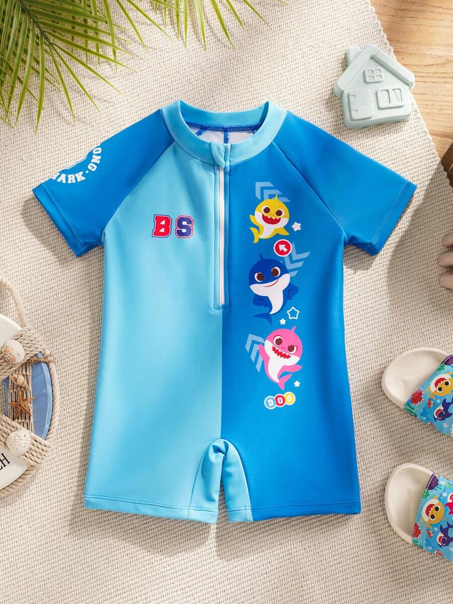 BABY SHARK X SHEIN Bộ đồ bơi ngắn tay raglan in hình hoạt hình cho bé trai, kiểu dáng thường ngày, kèm quần short. - Màu xanh lam - Xem 1