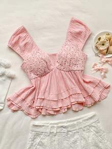 Comfortcana 女士优雅蕾丝拼接深V领衬衫，夏季 - 淺粉色 - 查看 4