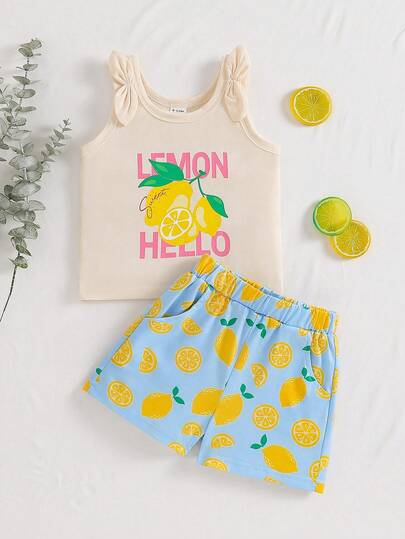 SHEIN Playful Pals Bộ đồ thường ngày dễ thương gồm áo vest thắt nơ và quần short in hình chanh cho bé gái, thích hợp cho mùa xuân/hè.