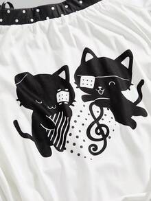ROMWE Kawaii 可爱猫咪爱心和音符波点拼接性感露肩修身休闲街头迷你连衣裙（女款） - 彩色 - 查看 3