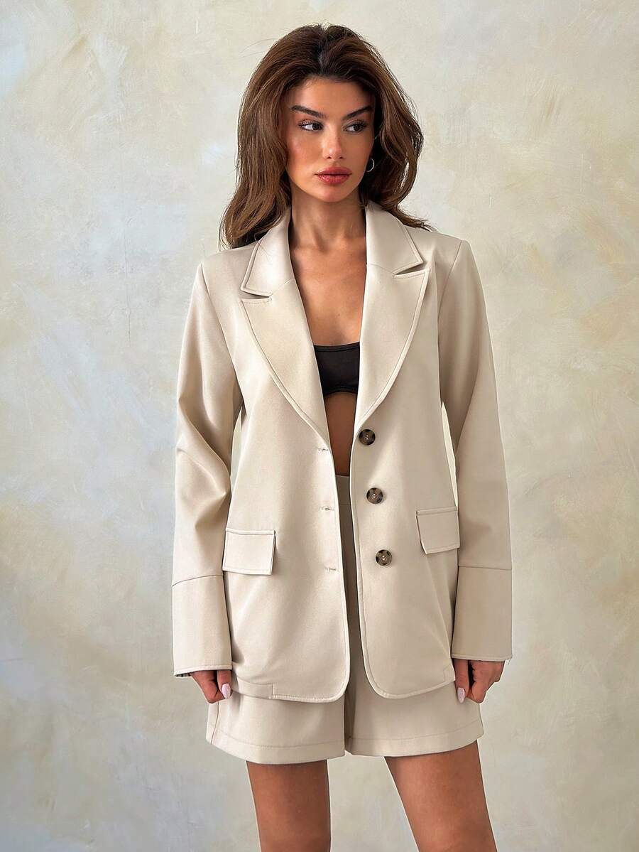 SHEIN Women Two Pieces Blazer And Short Regular Fit Suit Sets - Beige - View 1