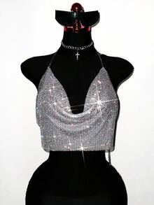 VaVaBold Áo croptop cổ yếm phối dây xích, hở lưng, chất liệu kim loại, thích hợp cho tiệc năm mới và lễ hội. - Bạc - Xem 4