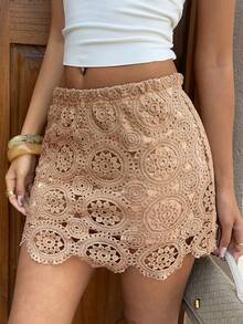 Siren Gaze Summer Elegant Chic Boho Casual Lace Crochet Mini Skirt For Women, High Waist Sheer Floral Crochet Micro Skirt, Beach Active Vacation Party Active Vacation Festival Outfits, Brown Skirts For Women, Skirts For Women, Casual Skirts For Women, Clothes, Outfits For Women, Y2K Skirts Party Outfits Skirt Laser Cut Skirt One Set Outfit Women Skirt Zumba Skirt Trending Outfit Greece Inspired Outfits Greece Vacation Outfits Women - Khaki - View 8