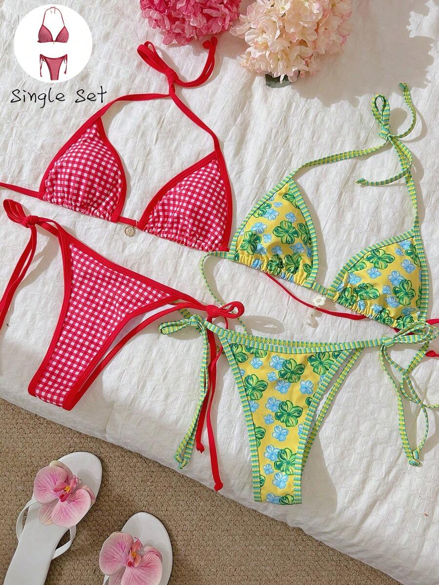 Elavelle Bộ bikini gợi cảm 2 mảnh họa tiết kẻ sọc mùa hè cho nữ dây kim loại trang trí buộc bên hông - Nhiều màu - Xem 1