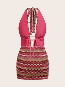 Opulessa Conjunto de 2 piezas de top halter de punto a rayas y falda de cintura baja para vacaciones de primavera y verano para mujeres - Rojo - Ver 10