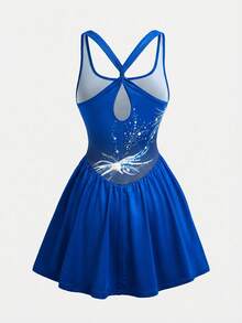 SHEIN Girlism Tween Girls' Blue And White Striped Summer Athletic Golf Sports Dress,Shiny Pattern Criss-Cross Racerback Casual Graduation Outfit For Outing,Holiday - Blue - View 2
