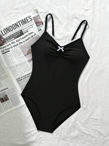 SHEIN Tween Girls' Ruffle Splice Front Ruched Bow One-Piece Swimsuit - Black - View 7