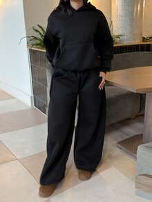 leahseptember 女士秋冬保暖连帽衫和宽松运动裤套装 - 黑色 - 查看 5