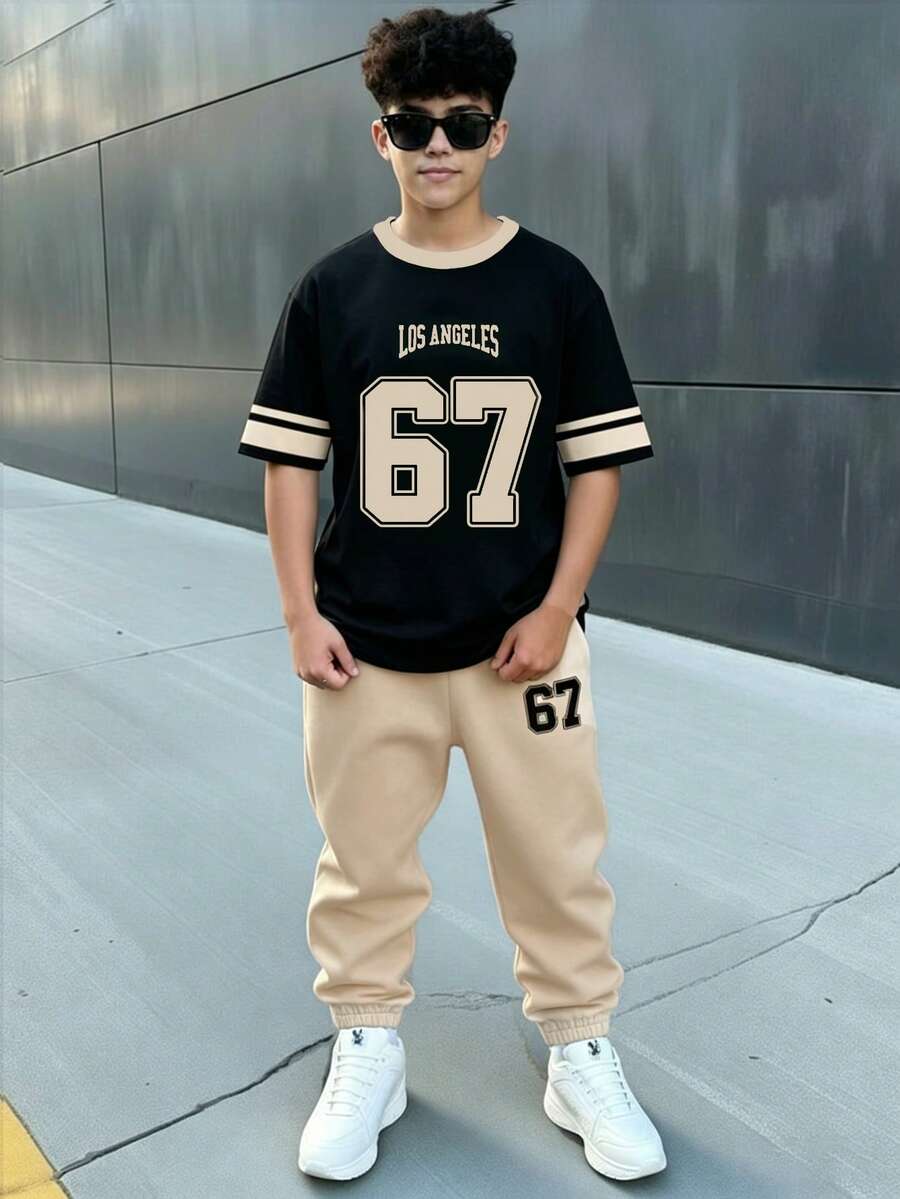 Teen Boy Casual Minimalist Short Sleeve Crew Neck T-Shirt And Pants Set, Suitable For Summer - Multicolor - View 1