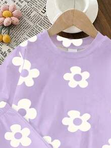 2 pièces/Set Filles Bébé (6 mois - 2-3 ans) Style rafraîchissant doux/énergique Taro violet Top à manches courtes col rond avec grande fleur blanche imprimée + Short, Ensemble léger doux et attrayant 2 pièces, Convient pour le port quotidien, l'école, la plage, la journée des filles, printemps/été/automne - Multicolore - Voir 4