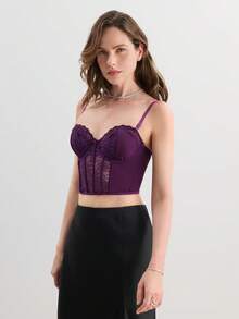 SHEIN Áo hai dây định hình dễ thương, viền ren Bralette không dây - Màu tím - Xem 3