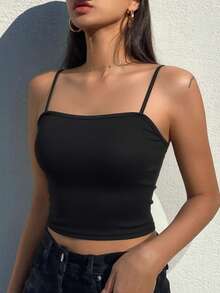 DAZY Summer Casual Basic Solid Color Cropped Camisole Everyday Black - Black - View 2
