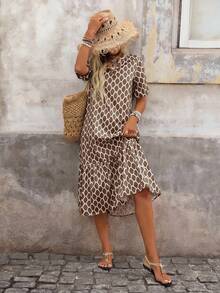 Brillora 女士褶皱全印花休闲派对连衣裙 - 卡其色 - 查看 7