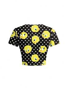 LOONEY TUNES X SHEIN Women's Cartoon Polka Dot Print Cropped Tight T-Shirt - White - View 2
