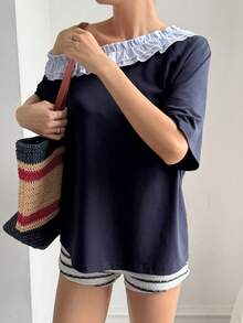 DAZY Women's Casual Frill Trim Asymmetrical Shoulder Short Sleeve T-Shirt, Summer - Navy Blue - View 7