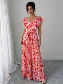 Elenzga V-Neck Digital Print Vacation Style Ruffle Waist A-Line Elegant Romantic Women Dress - Multicolor - View 3