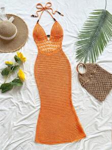2026 Nuevo Vestido maxi de punto con espalda descubierta y cuello halter, vestido maxi de ganchillo para vacaciones y verano, vestido maxi de playa, vestido de ganchillo para vacaciones - Naranja 2 - Ver 3