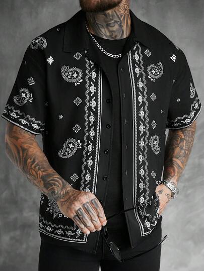 SLATEMANN Camisa casual de manga corta con botones y estampado de paisley para hombres