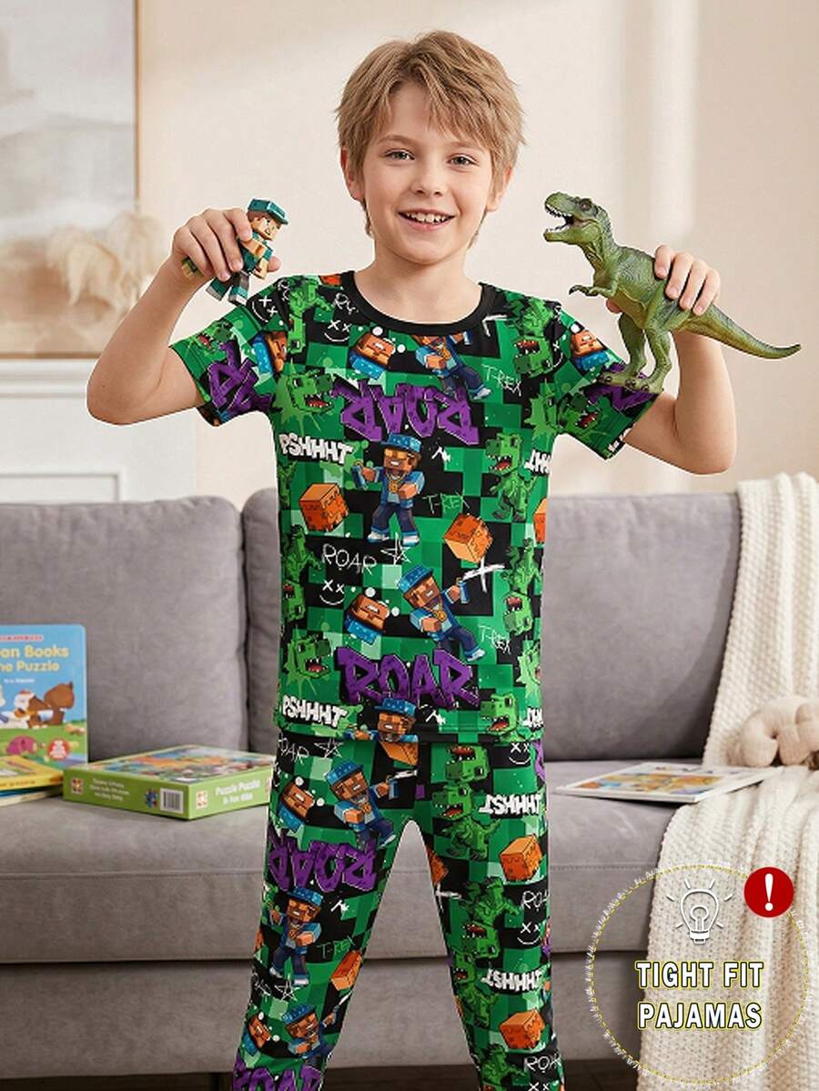 Bộ đồ ngủ 2 món cho bé trai tuổi teen, gồm áo thun ngắn tay và quần ôm sát in hình khủng long. - Nhiều màu - Xem 1