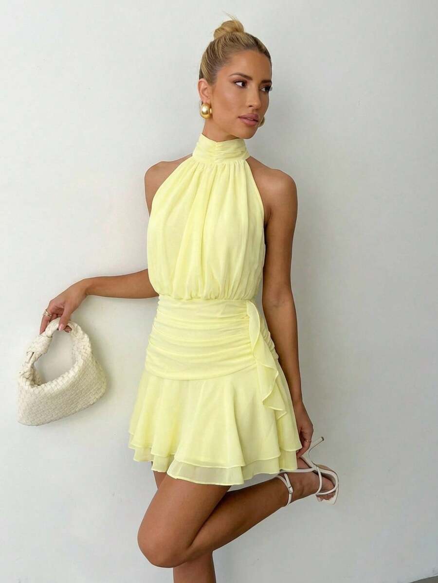 Lumalex 女士优雅露背系带褶皱腰身多层下摆纯色连衣裙，适合夏季约会