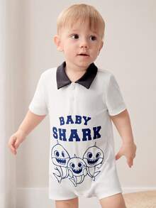 BABY SHARK X SHEIN Toddler Boys' Cartoon Print Polo Collar Short Sleeve Romper - White - View 4