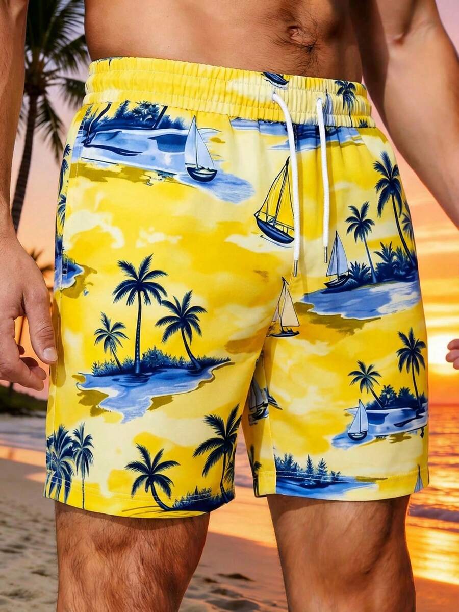 Manfinity Swimmode Men's Tropical Print Casual Beach Shorts - Yellow - View 1