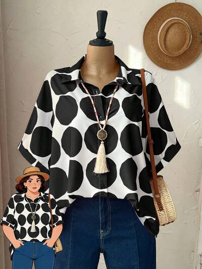 Plus Size Women's Colorblock Printed Short Sleeve Shirt,Summer Outfits For Women Blouse Polka Dot Blouse For Women Casual Zanzea Blouses For Women Blouses For Women New Plus Size Retro Outfit For Women